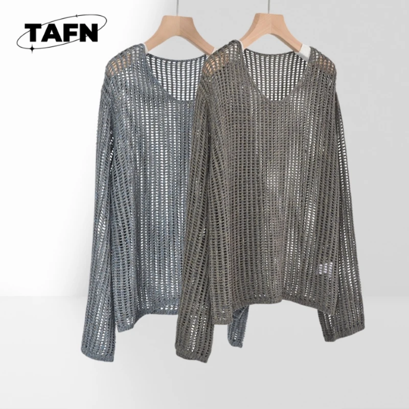 

New round Neck Idle Style Hollow-out Knitted Long-Sleeved Top for Women's Linen Shirt Tunic Style Casual Loose BlouseAH0449