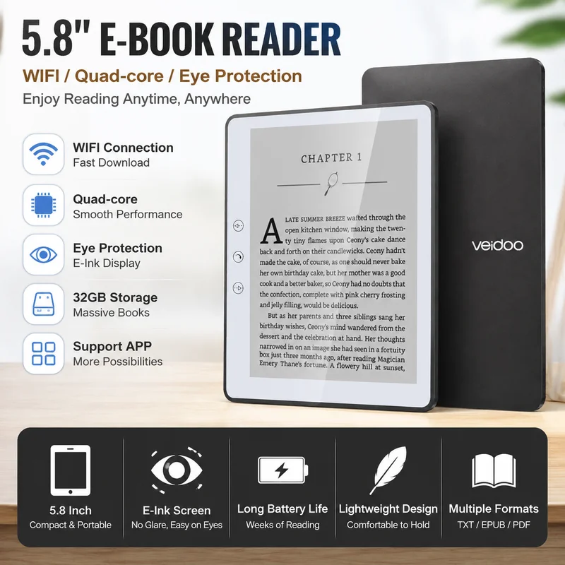 5.8 Inch Reader Ink Screen Screen 32GB Storage E-Book Reader Touch Eye Protection Portable Ereader For Student Reading Novels