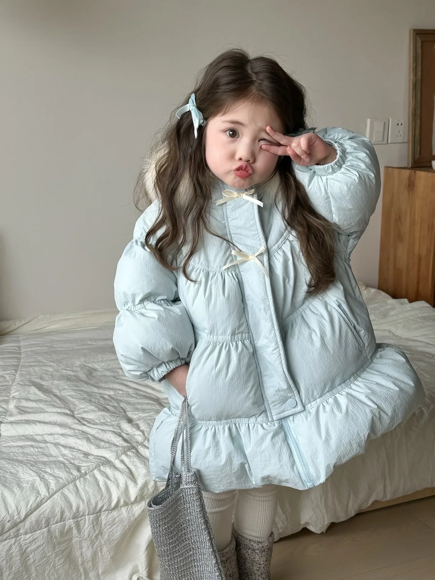 Sweet Baby Girls Down Jacket Winter Thicken Warm Fur Hooded Coat Korean Style Cute Puffer Jacket Girls Snow Clothing