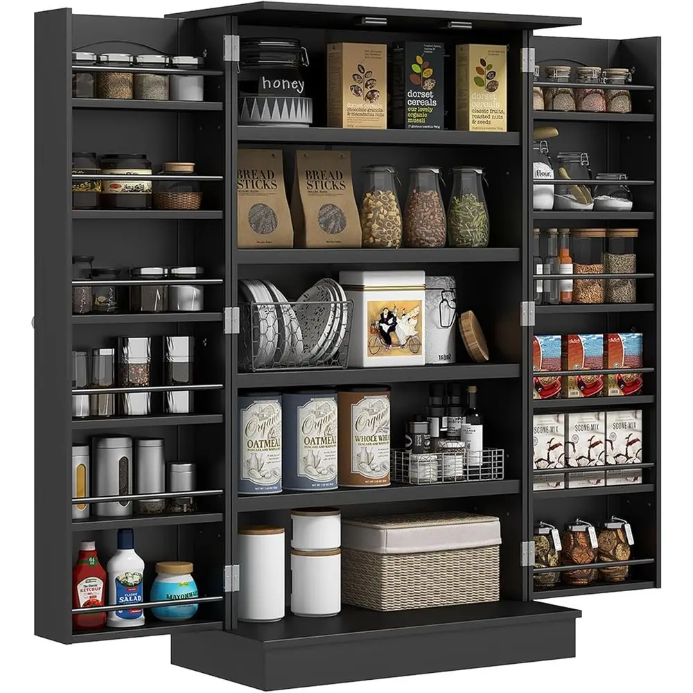 

41 Tall Freestanding Kitchen Cabinet with 12 Shelves, Double Doors, 5-Tier Storage and Adjustable Shelves in Black