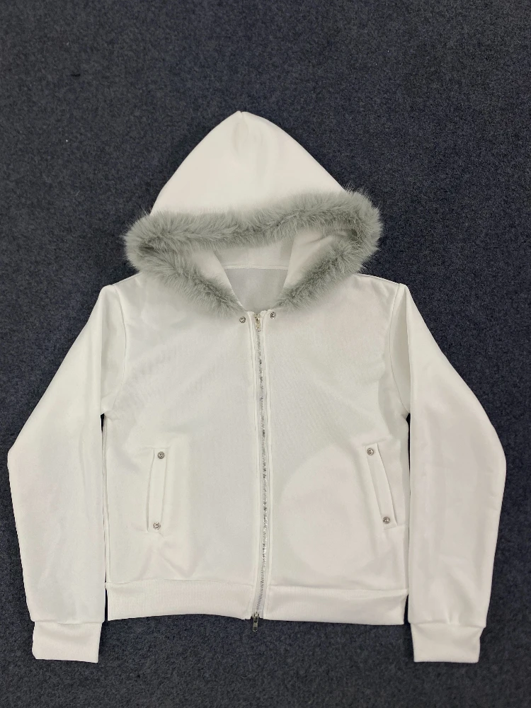 Y2k الخريف والشتاء الفراء طوق الربط تصميم الشعور مقنعين البلوز المرأة عارضة قصيرة سستة فضفاضة التخسيس أعلى #2