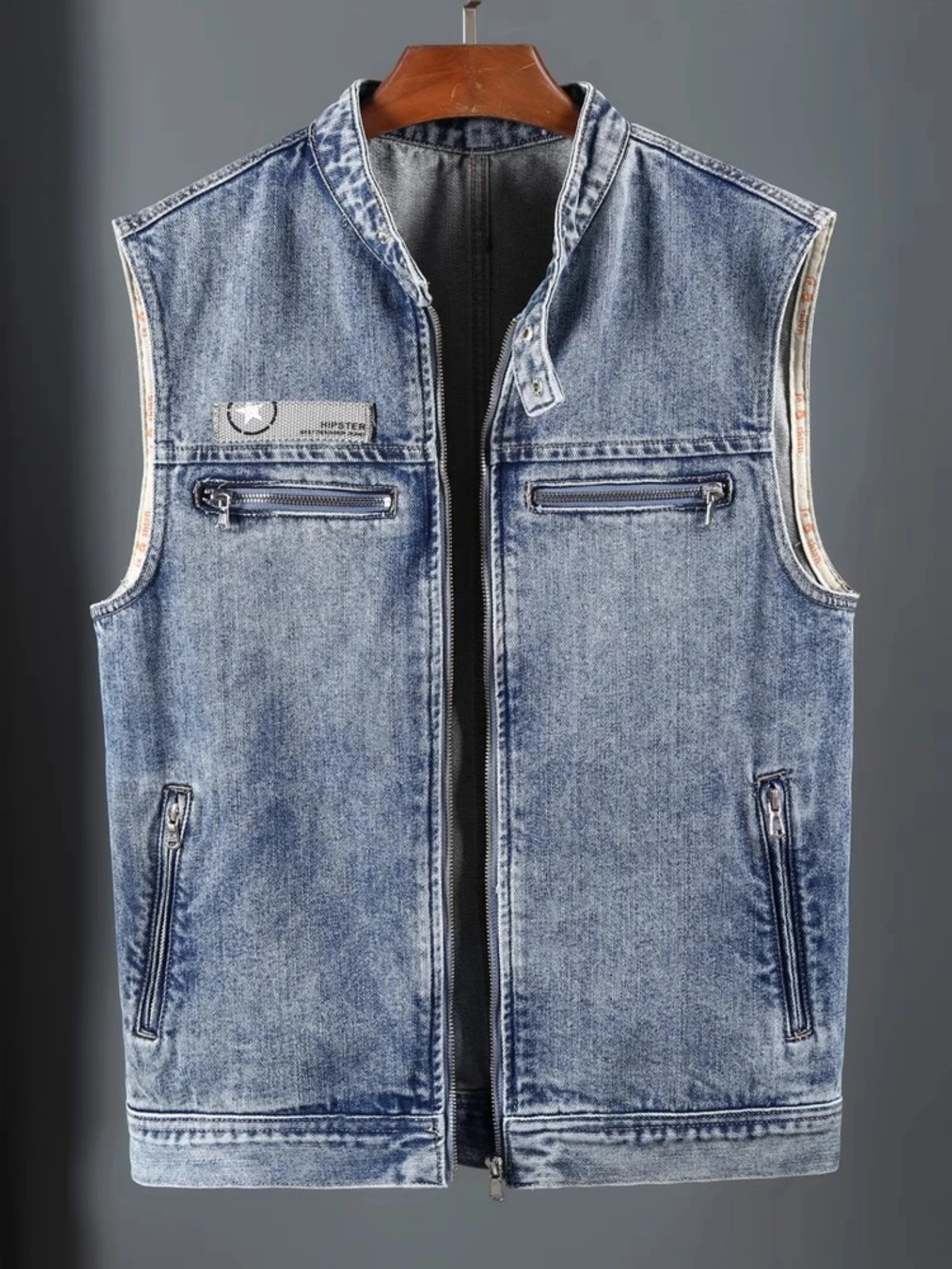 

Ретро-жилет из американского денима для мужчин, весенне-осенний, свободного кроя, с мотоциклетным воротником, универсальный, с наплечными подушками, модный, молодежный, повседневный
