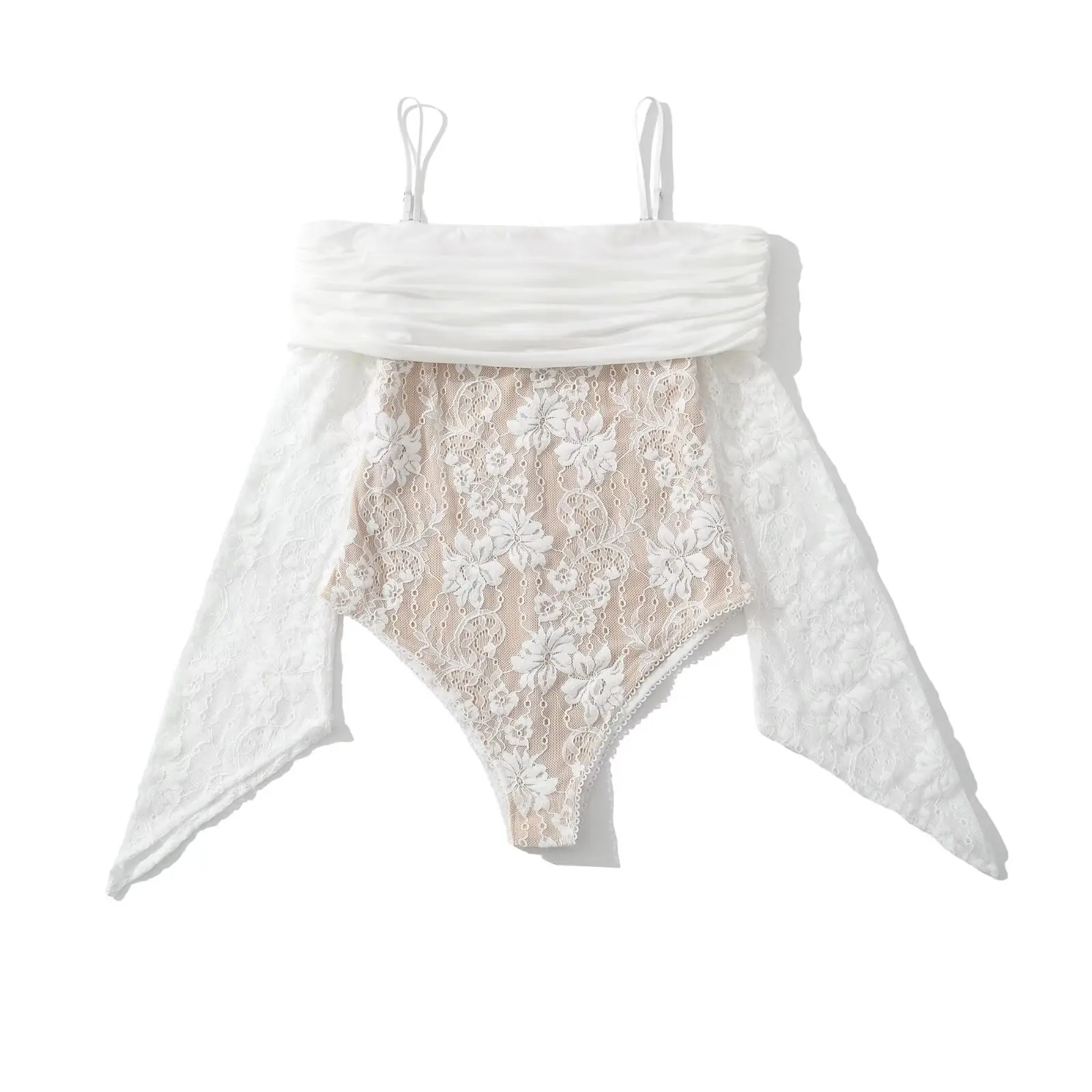 Sexy See Through Lace With Lining Slash Shoulder Strap Long Sleeve Bodysuit Woman Tight Short Jumpsuit Slim Rompers Playsuits