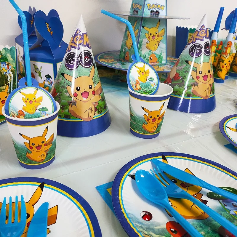 Suministros de decoración de fiesta de cumpleaños de Pokémon, globos de Pikachu, vajilla desechable de feliz cumpleaños, fiesta de papel para niños