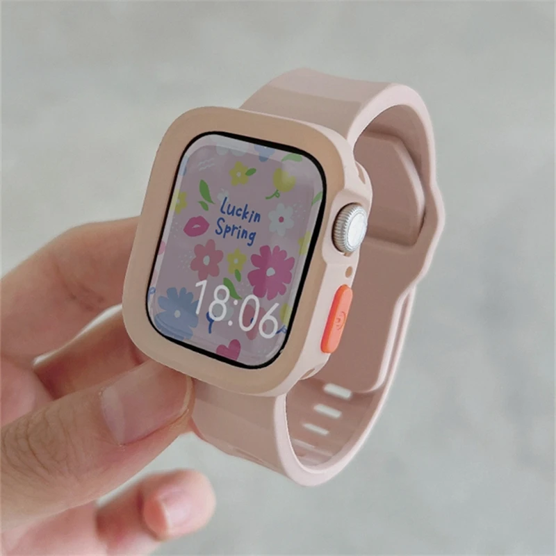 

2024 New Shockproof Case + Soft Silicone Band For iwatch 9 7 8 SE 6 5 Girl Sport Strap For Apple Watch 41mm 40mm 44mm 45mm 49mm