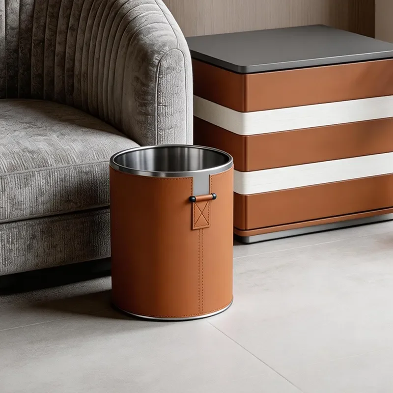 Modern Leather Trash Can Large Capacity Creative Waste Bin for Living Room Office Bathroom Simple Light Luxury Home Decor No