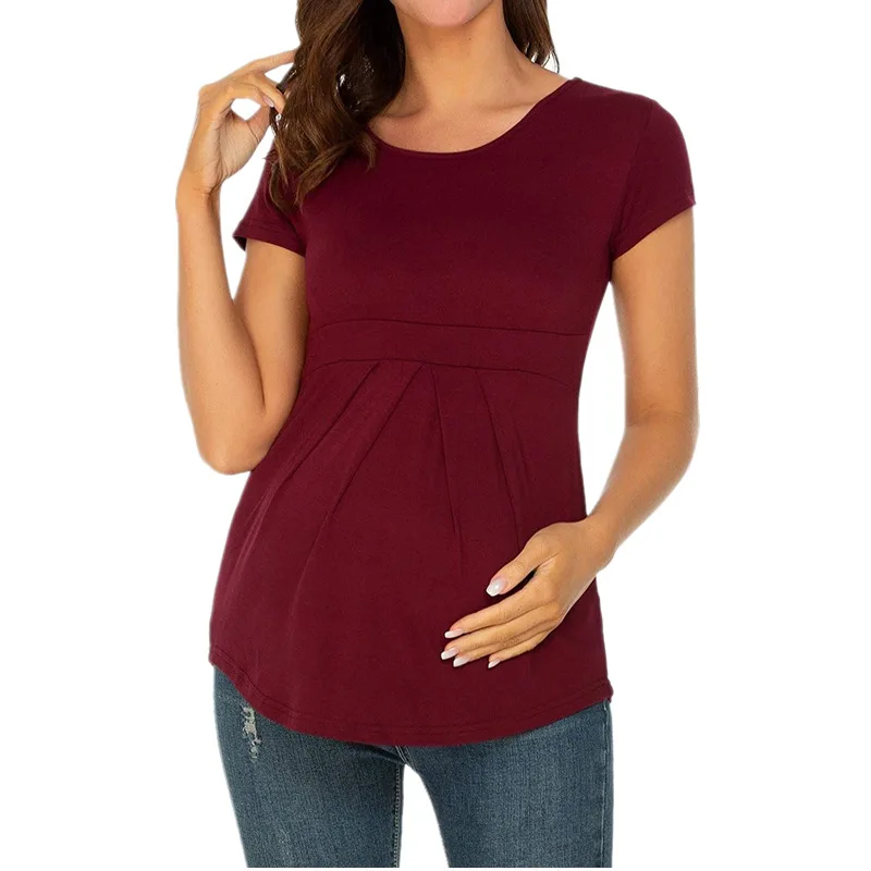 women's-maternity-top-short-sleeved-ruffle-shirt-pleated-maternity-top