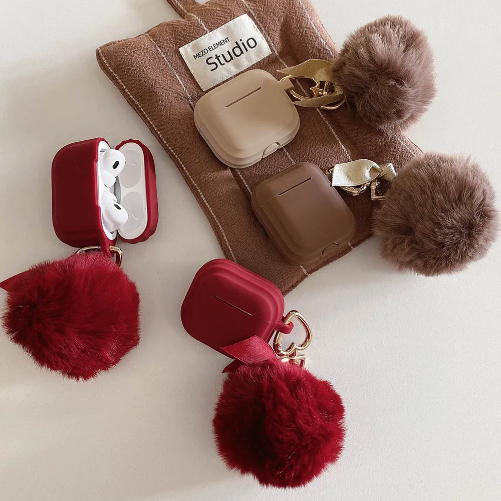 Winter Hair Ball Plush Fur Pendant Earphone Case with Keychain For AirPods 4 ANC AirPod 1 2 3 Pro New Year Red Protective Cover