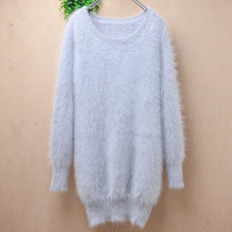 04 Ladies Women Fall Winter Clothing Hairy Soft Angora Rabbit Hair Hand Knitted O-Neck Slim Blouses Pullover Jumper Sweater Pull