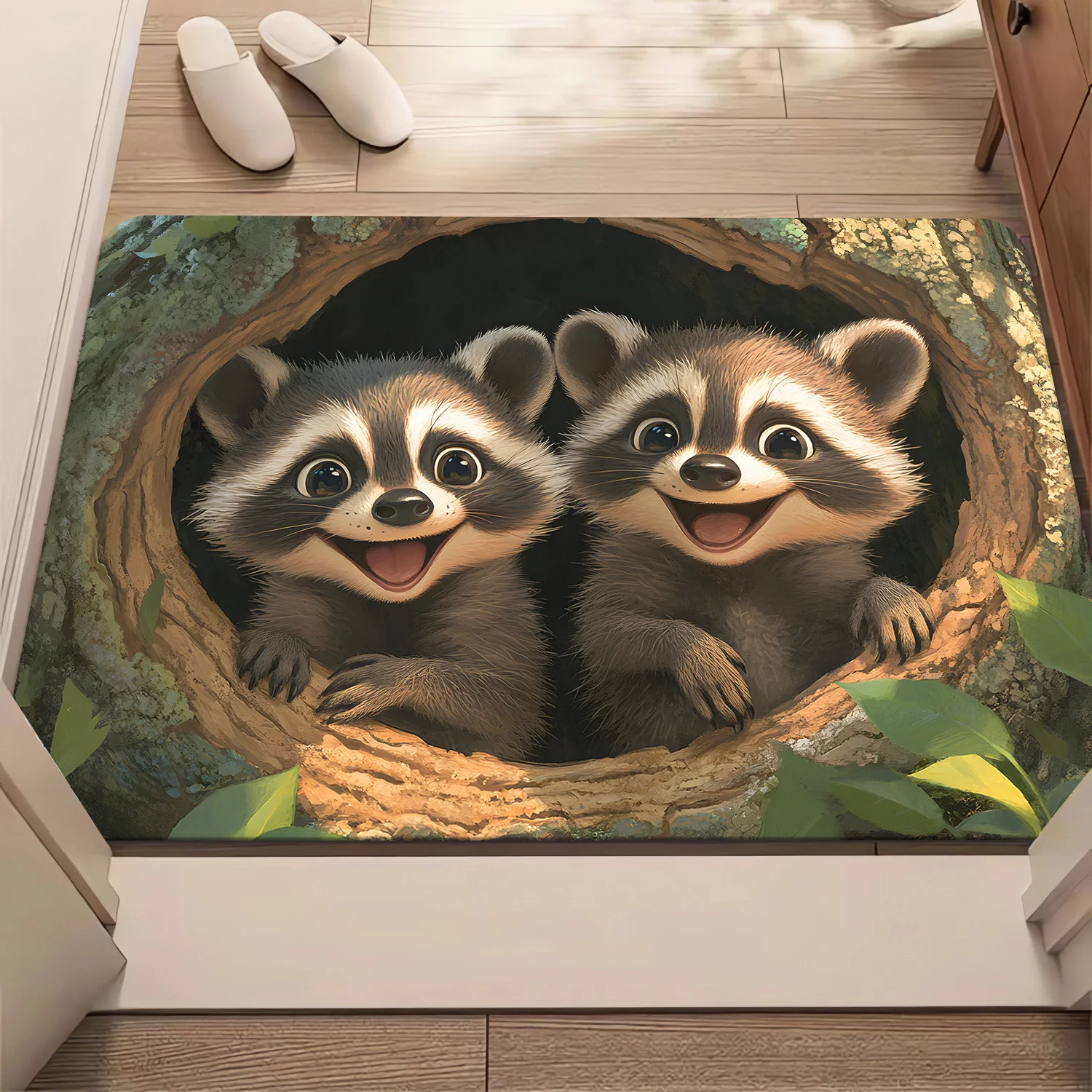 Tapis de porte mignon motif raton laveur, tapis d'entrée amusant à motif animal, tapis de sol antidérapant à motif dessin animé, décoration intérieure sur le thème de la nature et de la faune pour l'entrée