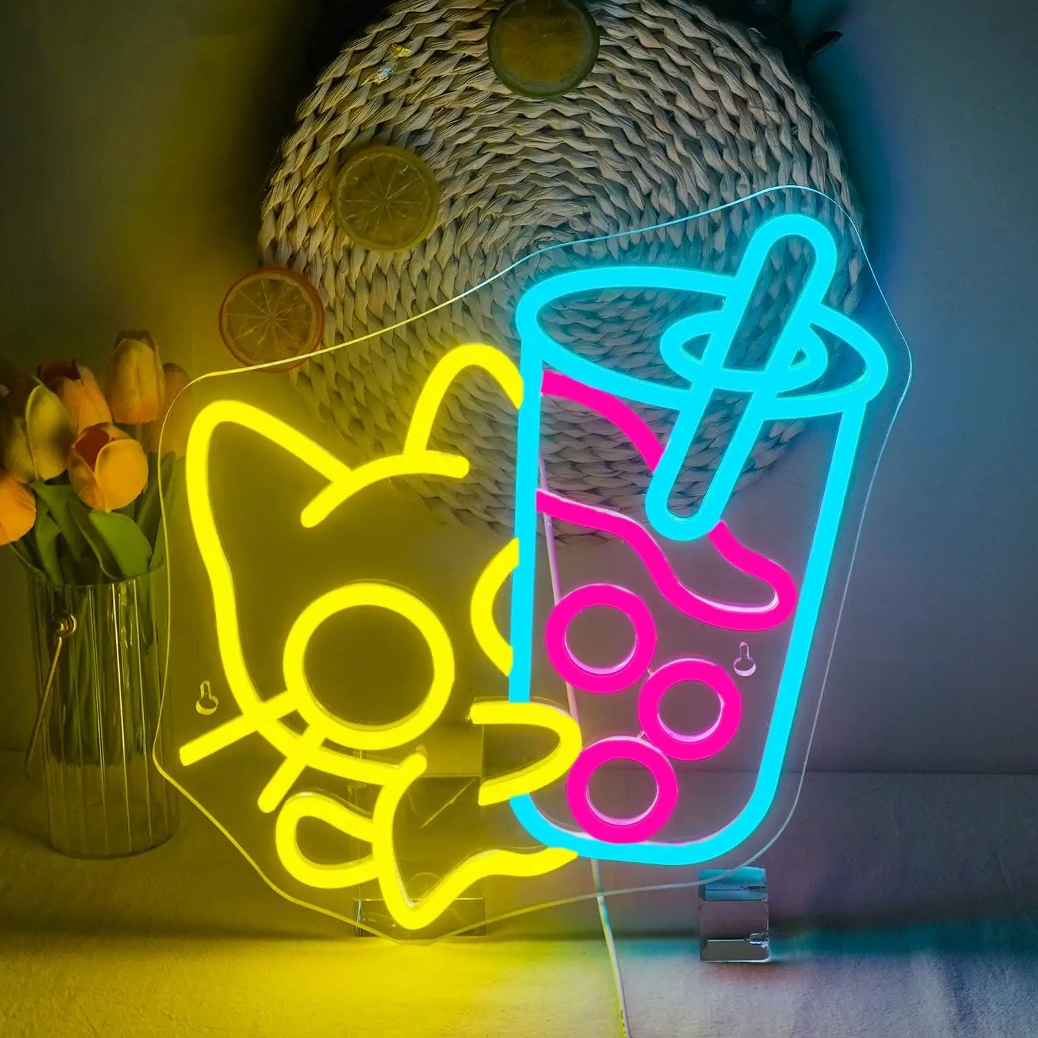 Cat Boba Tea Neon Sign Led Lights Cute Anime Bubble Tea Room Decoration Drink Coffee Shop Bar Club Dimmable Wall Decor Signs