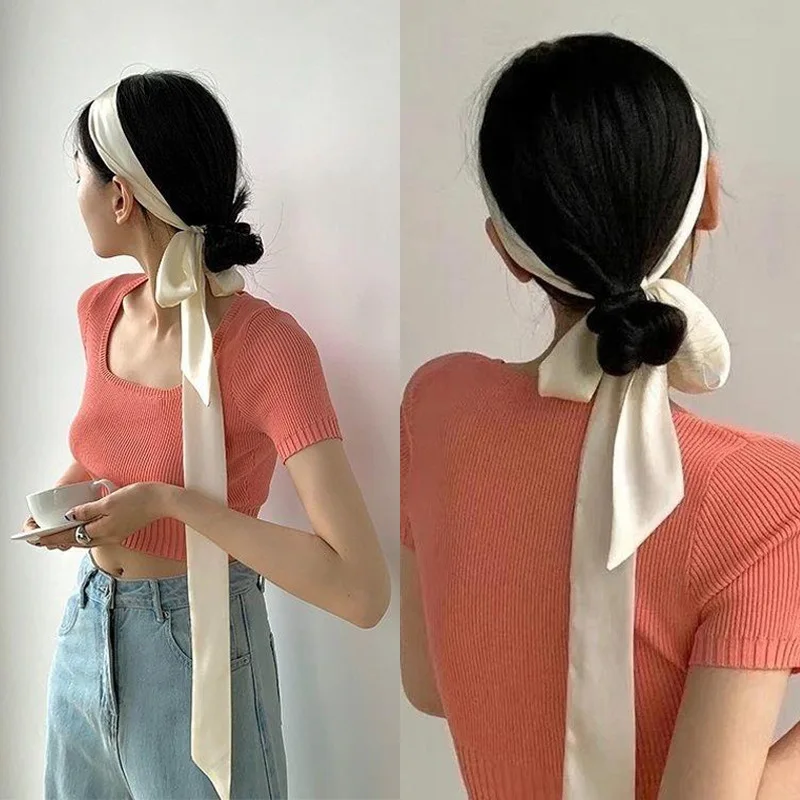 Simulated Silk Solid Color Long Hair Band Silk Scarf Feminine And Versatile Scarf Streamer Headband High-end Hair Accessory