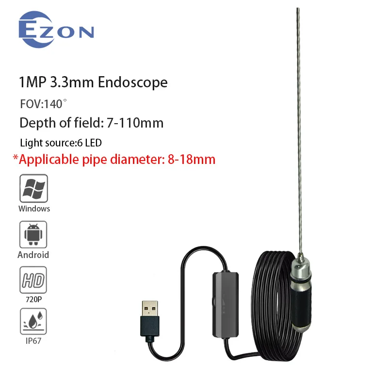 3.3mm 140° long-tube wide-angle industrial endoscope camera, for pipeline inspection, IP67 waterproof handheld endoscope probe.