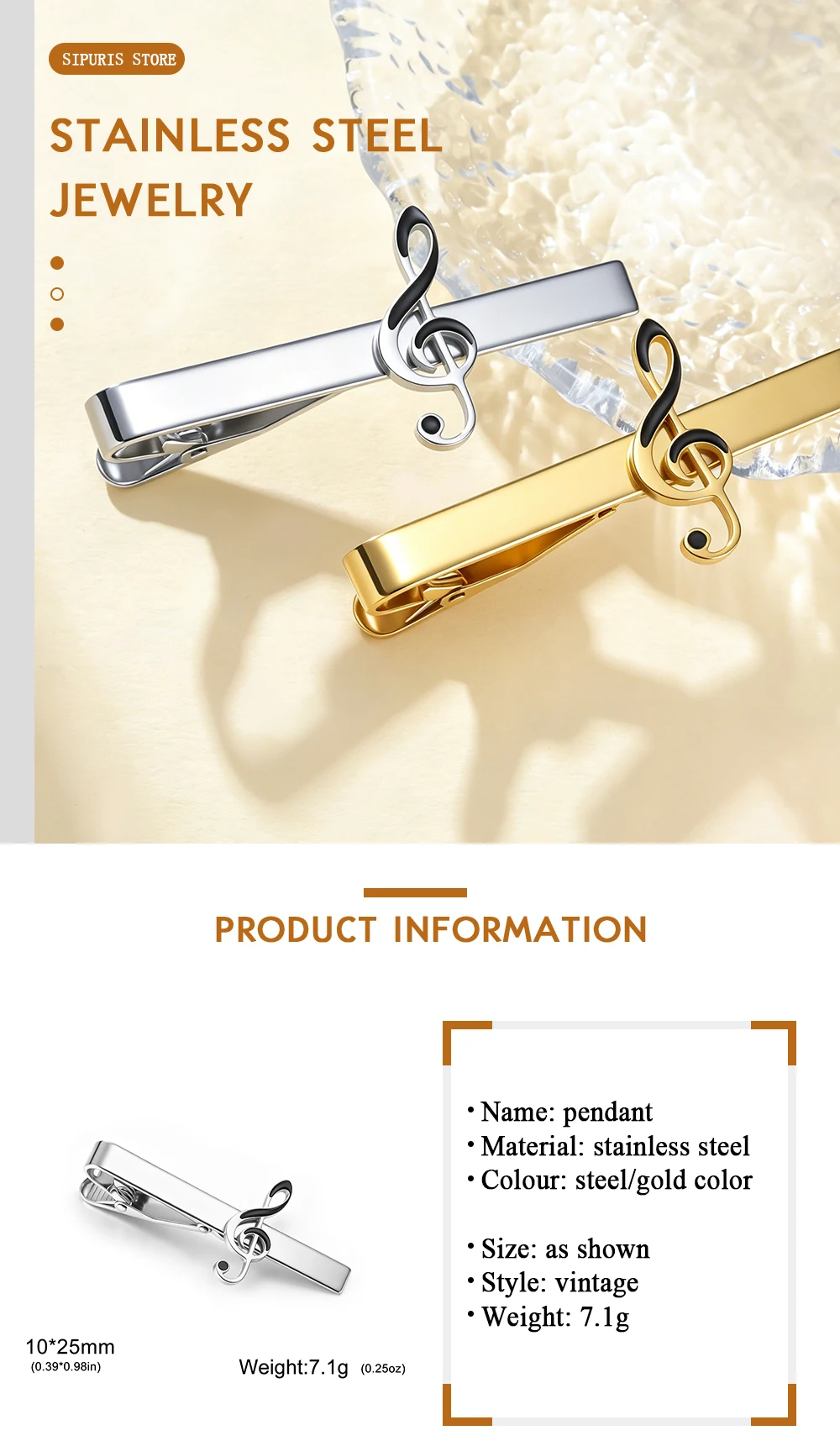 Sipuris Musiknoten-Mini-Krawattenklammer für Damen und Herren aus Edelstahl, Modische Krawattenklammer, Schmuck, Hochzeitsgeschenke, Trendig – Detail 5