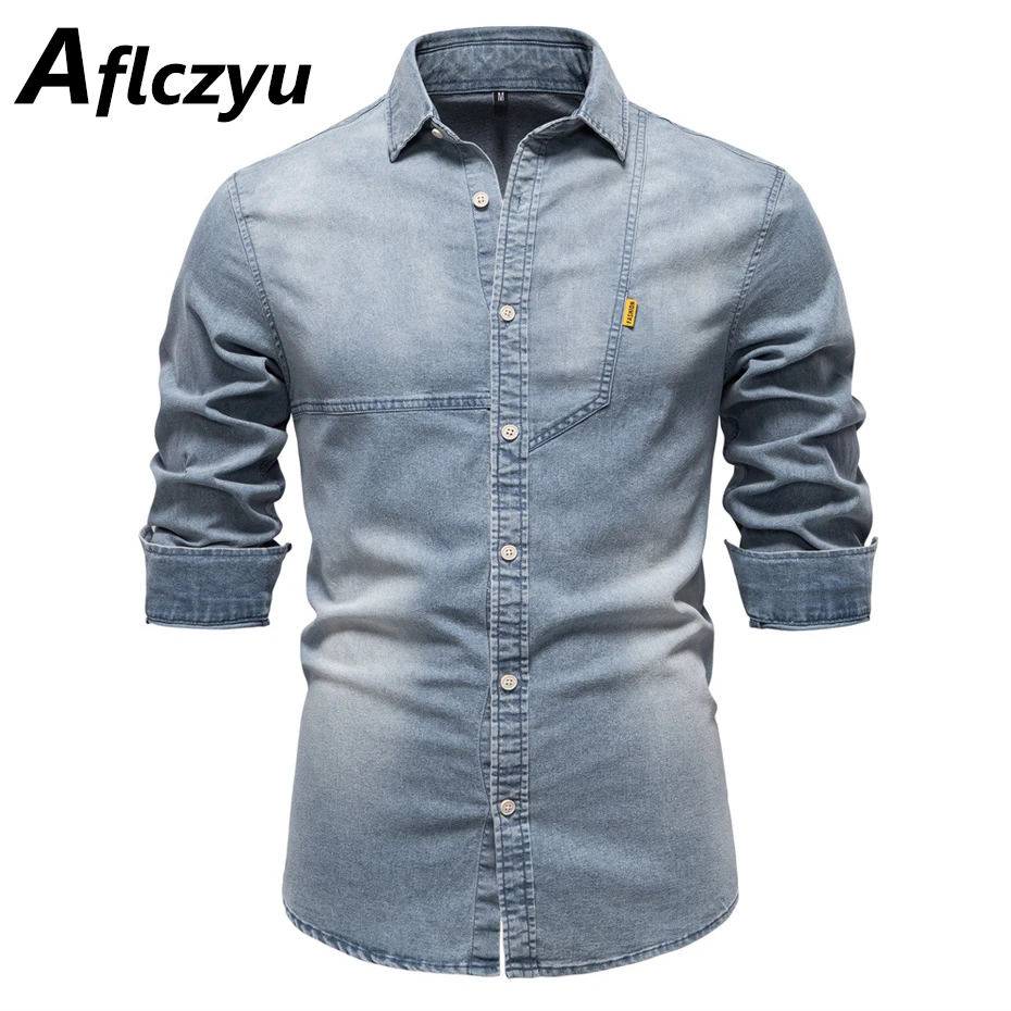 

Denim Shirts Men Spring Autumn Solid Color Shirts Male Fashion Casual Long Sleeve Shirt Jacket