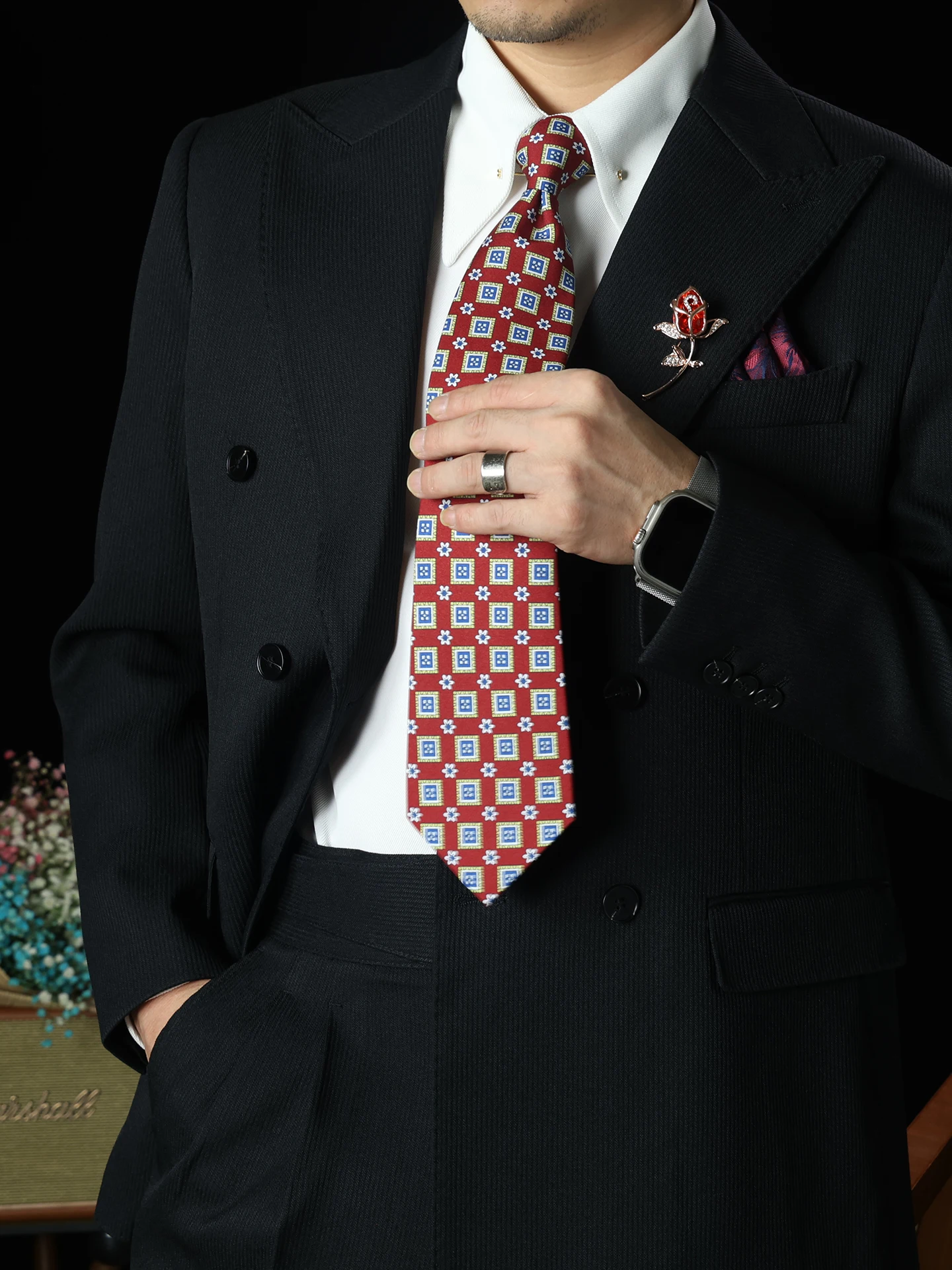 手作りの幅広0cmシルクネクタイ-メンズ-結婚式-ゲスト-ベストマン-ビジネス-チェック柄-レッドカラー-レトロスタイル