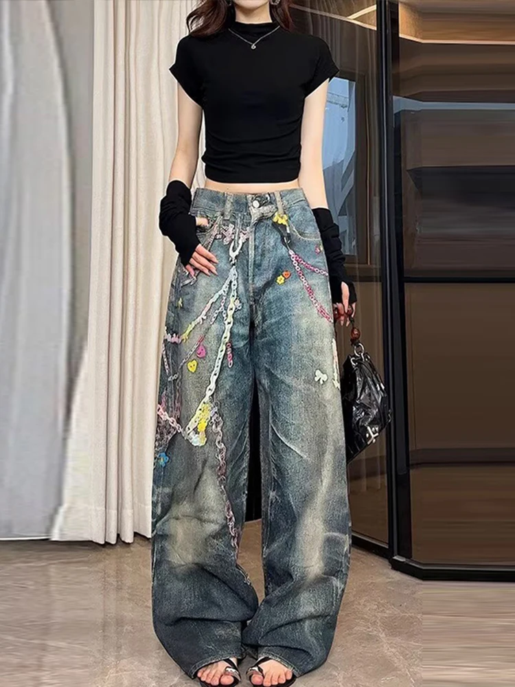 

Y2K Style Women's High Waist Wide Leg Denim Jeans Pant With Colored Chain-Printed Distressed Streetwear Baggy Trousers For Woman