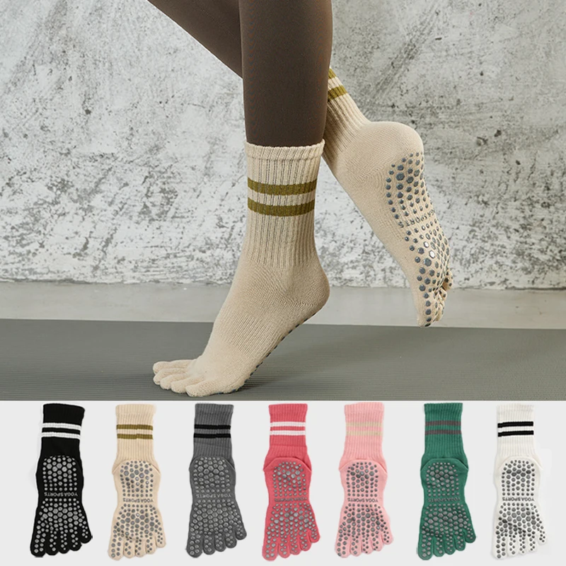 Five Toed Yoga Socks Cotton Stripe Pile Dot Silicone Non-slip Women High Quality Pilates Grip Crew Socks