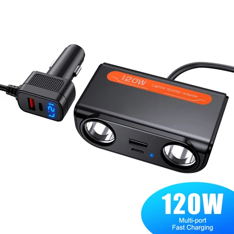120W Car Charger Splitter Multi Ports PD USB Socket Cigarette Lighter Adapter Car Fast Charge Socket Adapter With LED Voltmeter