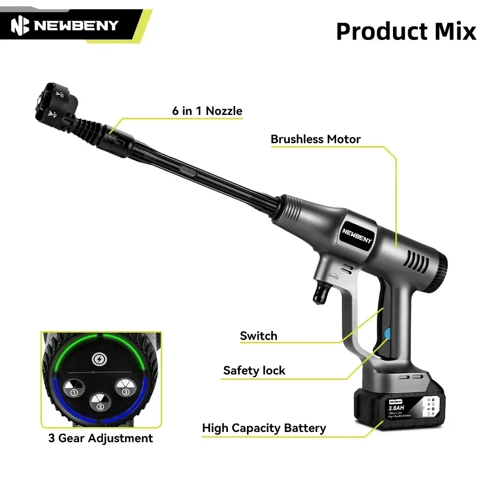 NEWBENY 200Bar Brushless Car Washer 3 Gear High Pressure Cordless Garden Cleaning Irrigation Tool For Makita 18V Battery Pin
