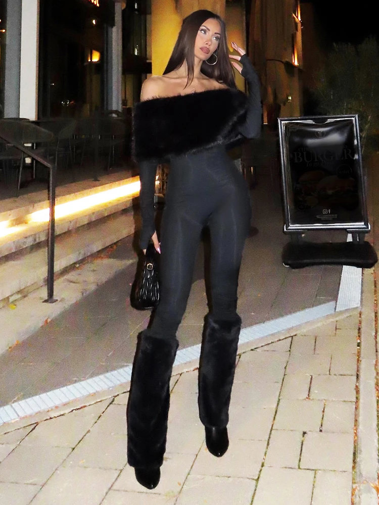 Nibber Winter Furry Patchwork Jumpsuits Women Slash Neck Full Sleeve Sexy Simple Stretch Skinny Street Hipster Club Overalls