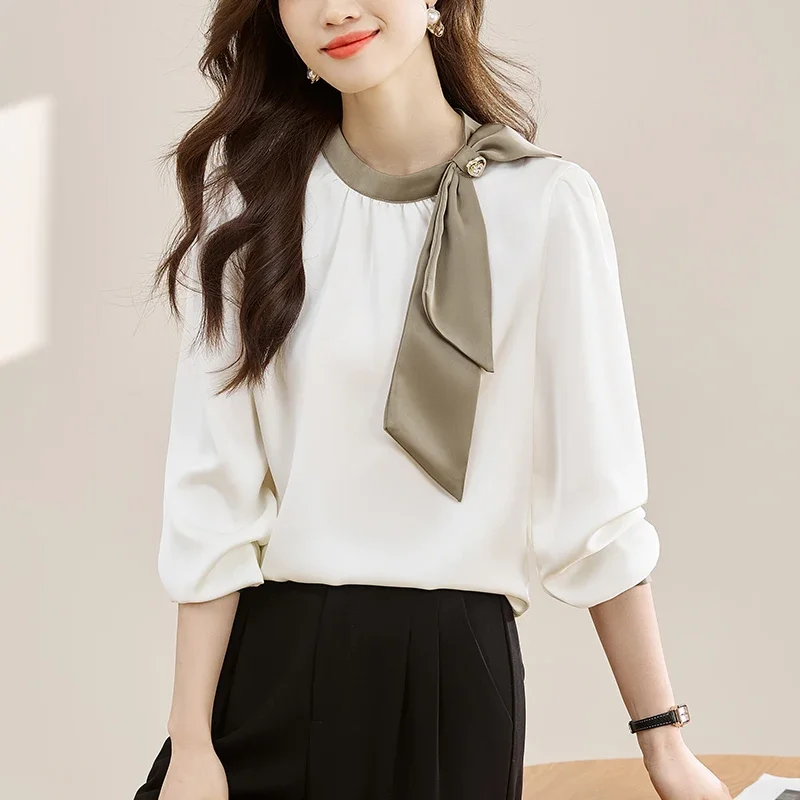 

Office Lady French Gentle Bow Contrasting Color Pullover Women's Shirt Spring and Autumn New Casual Slim Fit Satin Blouse 31257