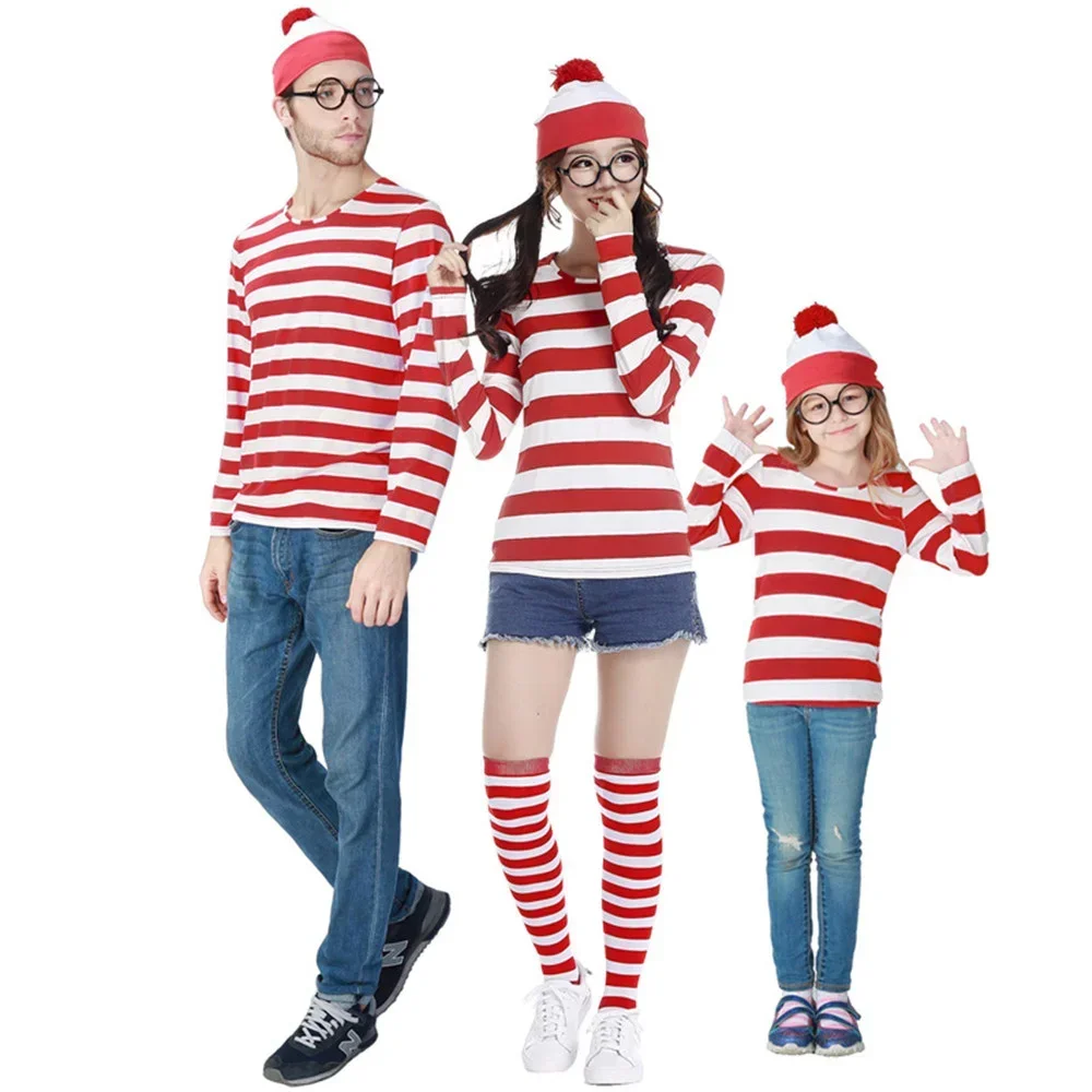 Parent-Child Cartoon Where is Wally Waldo Costume Waldo Book Week Cosplay Outfit Stripe Shirt Hat Glasses Christmas Outfit