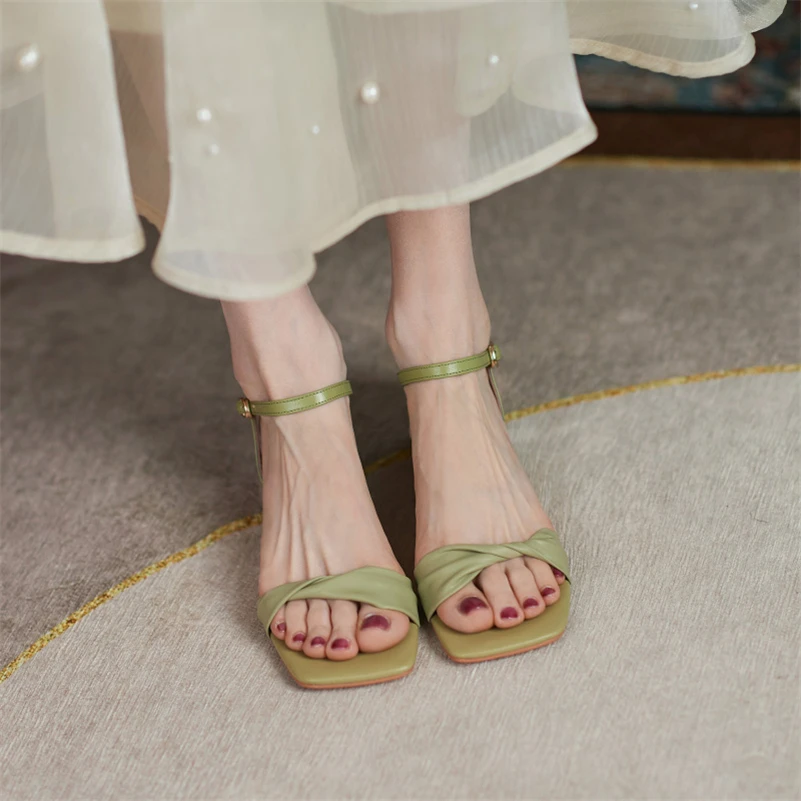 Meotina Women Genuine Leather Sandals Square Toe Flat Cow Leather Sandals Causal Buckle Ladies Shoes Summer Green Beige 40