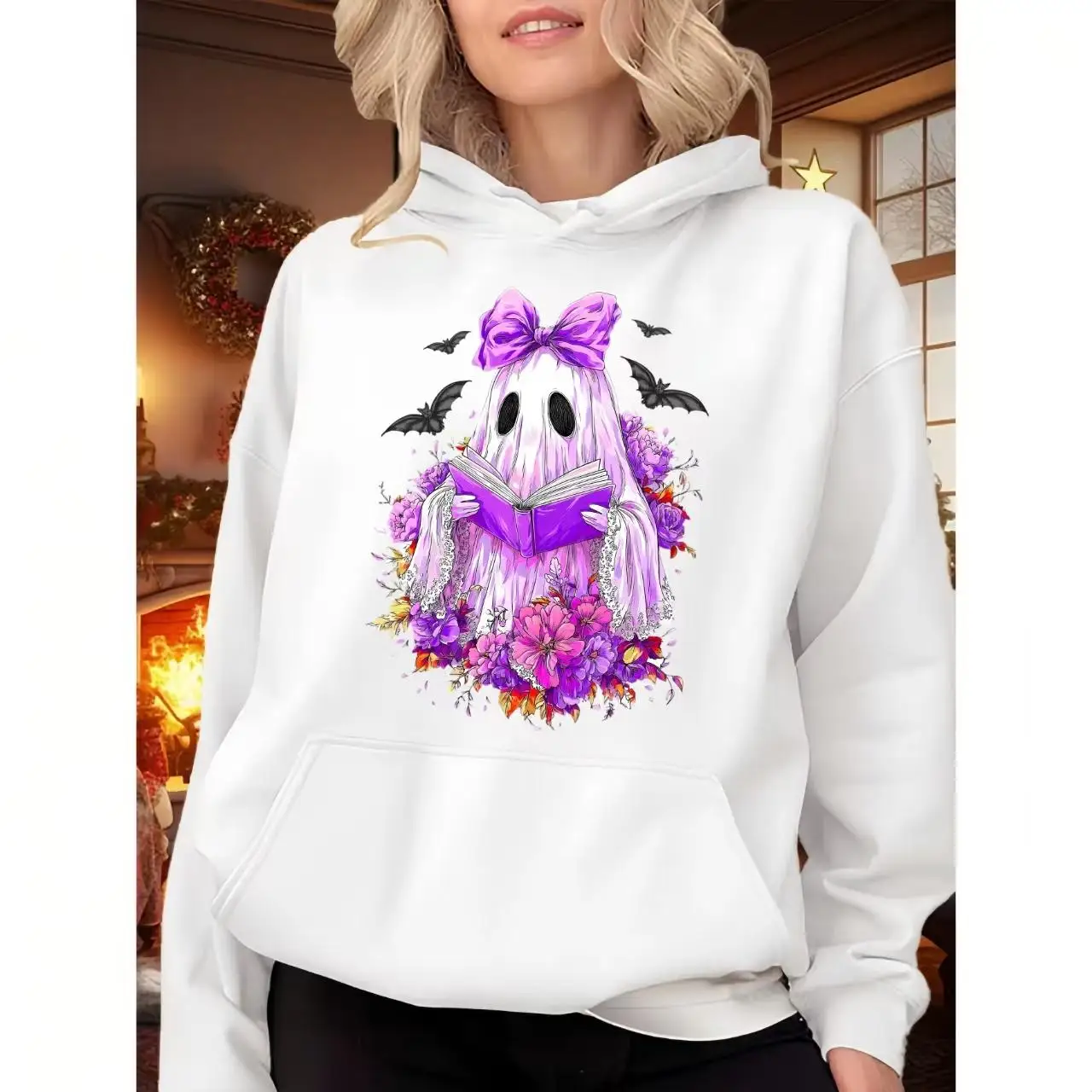 

Halloween Ghost with Book Sweatshirt for Women, Floral Ghostie Pullover, Oversized Hoodie, Fall Autumn Jumper
