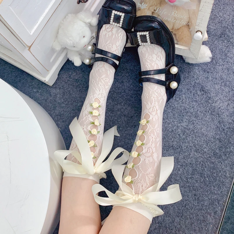 Spring Summer Lace Satin Lace Calf Socks Pure Desire Hollow Sweet Girl Lolita Lace Bow Mesh Stockings Two-Way Knee High Socks