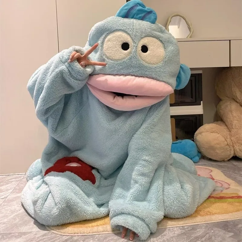 Pigiama intero in pile corallo spesso con cappuccio, modello Hangyodon, per uomo e donna, caldo invernale, divertente e originale, per casa e relax