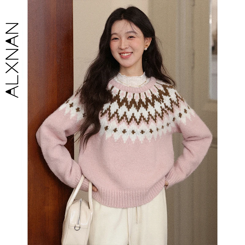 

ALXNAN женский свитер розового цвета Fair Isle с круглым вырезом, элегантные пуловеры свободного кроя, тренд 202, осенние вязаные топы с длинными рукавами L58080