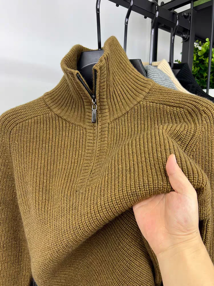 High quality luxury 2024 autumn and winter solid color high neck half zipper men's sweater casual warm thick  knitted  pullover