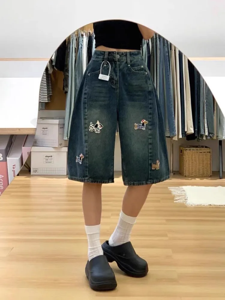 

Женские джинсовые шорты с высокой талией, прямые, синие, больших размеров, винтажные, в американском стиле, осенние, утягивающие, широкие, длиной до колена