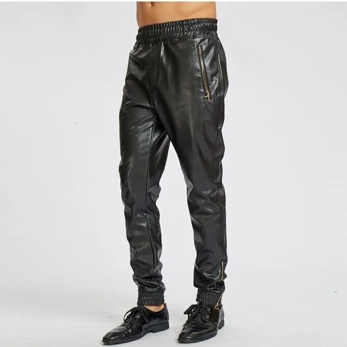 #2222 Autumn Faux Leather Harem Pants For Men Black Streetwear Elastic Waist Hip Hop PU Pants Motorcycle Zipper Mens Joggers