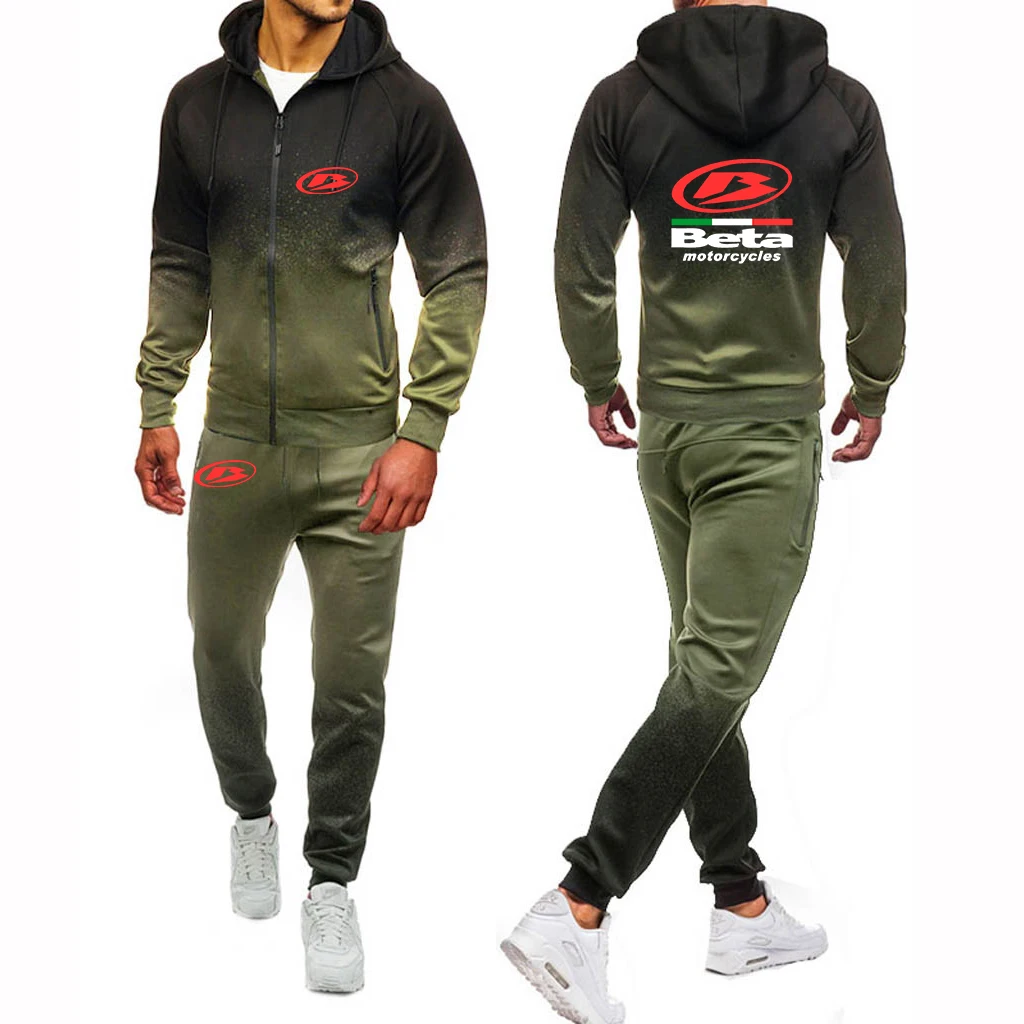 2023 Man's New Autumn Beta Racing Motocross Motorcycle Logo Print Gradient Color Hooded Sweatshirt+Sport Drawstring Trousers Set