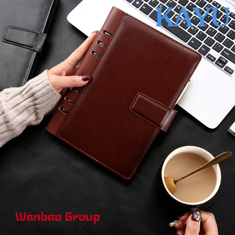 Imagem -02 - Couro Notebook Preto a5 Brown Business Planner Logotipo de Impressão Personalizada Couro Capa Dura Ring Binder Journal Note Book