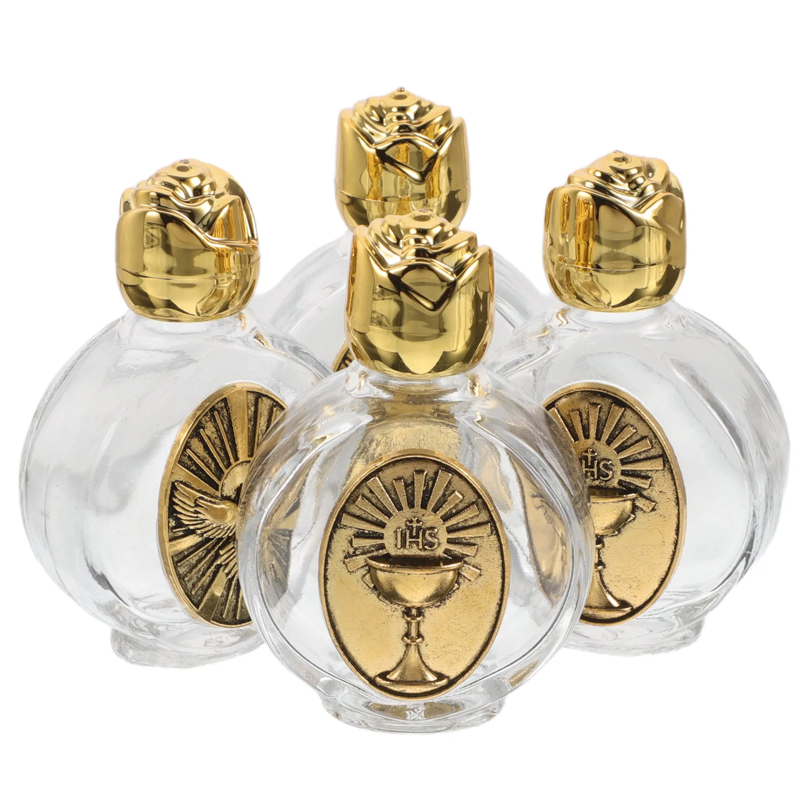 4Pcs Holy Water Bottles Embossed Rose Design Portable Glass Containers with Alloy Lids for Baptism Communion Wedding Spiritual