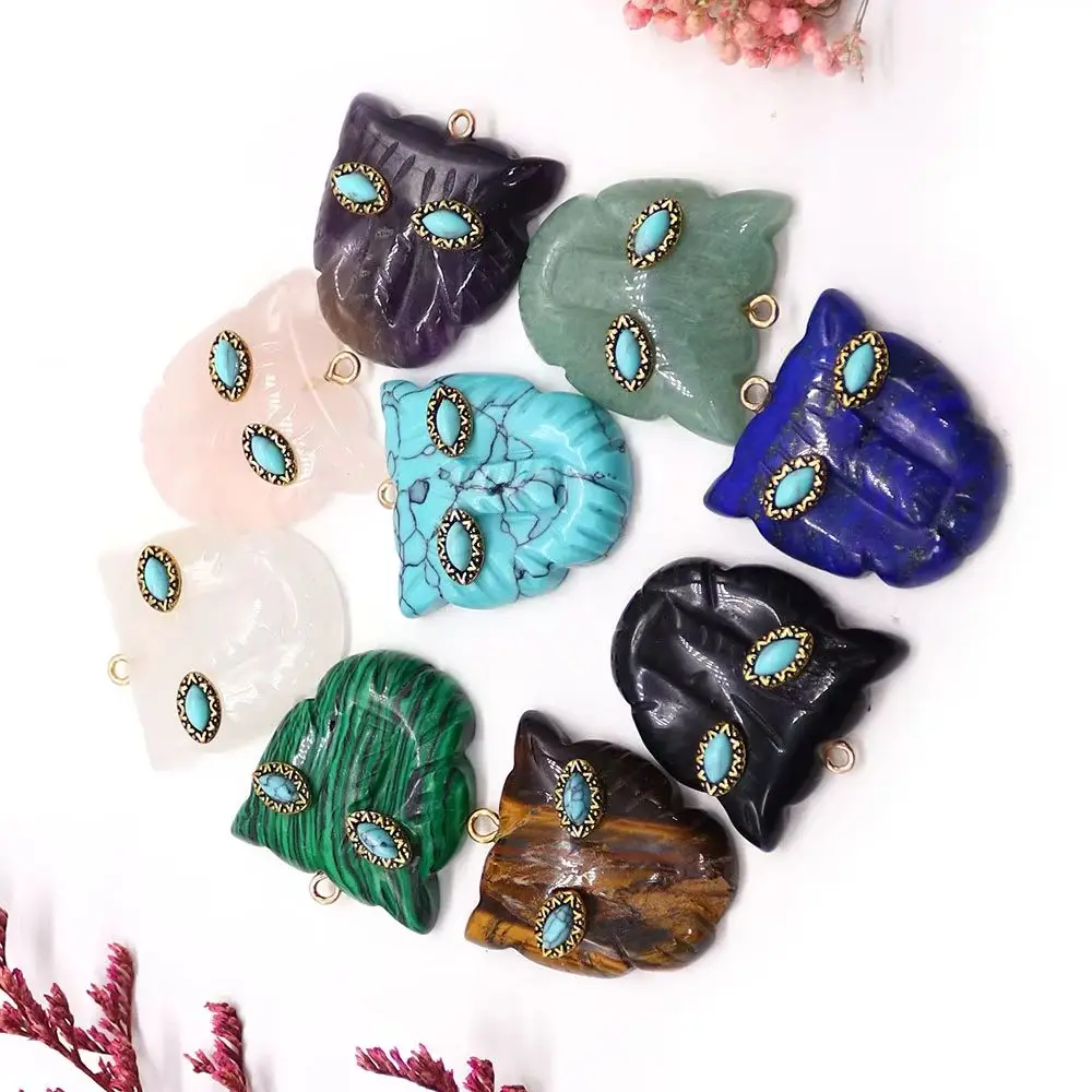 Tiger Face Shape Natural Black Agate Rose Quartz Lapis Lazuli Pendants Inlaid Semi-precious Stone Eye Pattern Charms 1 Pc/pack