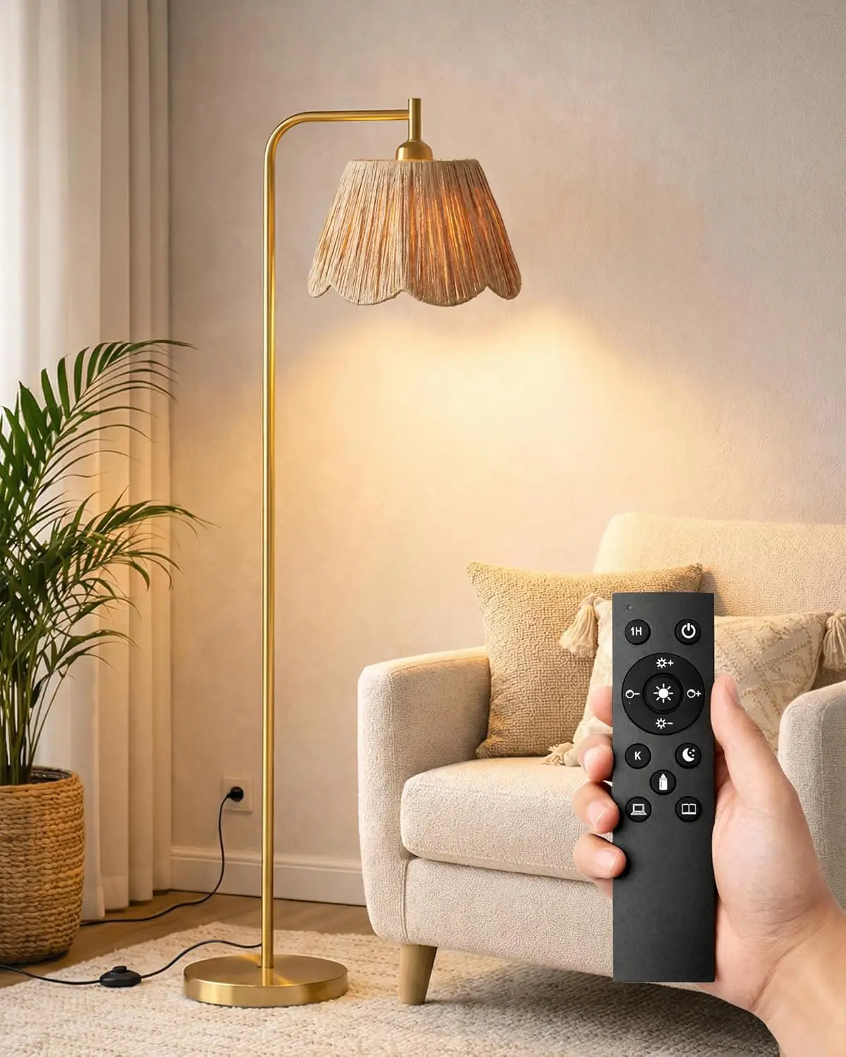 

Boho Floor Lamp with Remote & Foot Switch, Brushed Gold Standing Lamp with Flower-Inspired Textured Shade, Stepless Dimmable Tall Lamp for Living Room Bedroom Reading (Bulb Included)