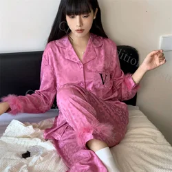 Sexy Leopard Shirt Pants Women Summer Spring Loungewear Ice Silk Home Clothing Sleepwear 2Pcs Pajamas Suit Long Sleeve Pjs