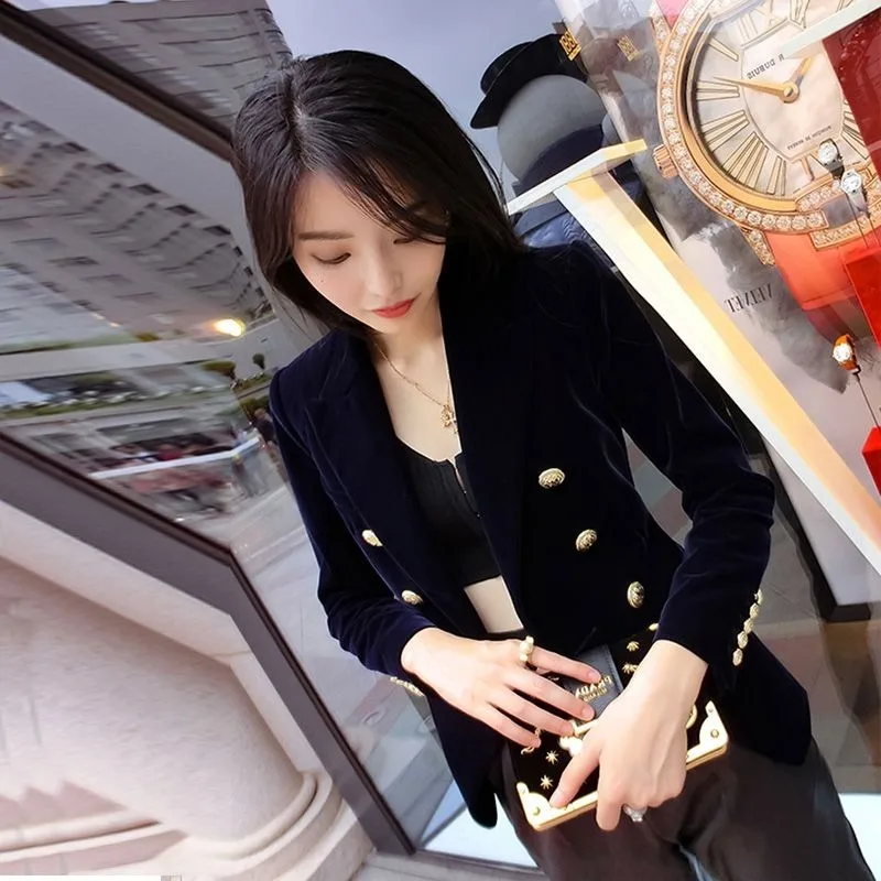 Autumn Winter New Style Velvet Mini Suit Short Jacket Women's  Velvet Slim Fit Versatile Double-breasted Long-sleeved Outerwear