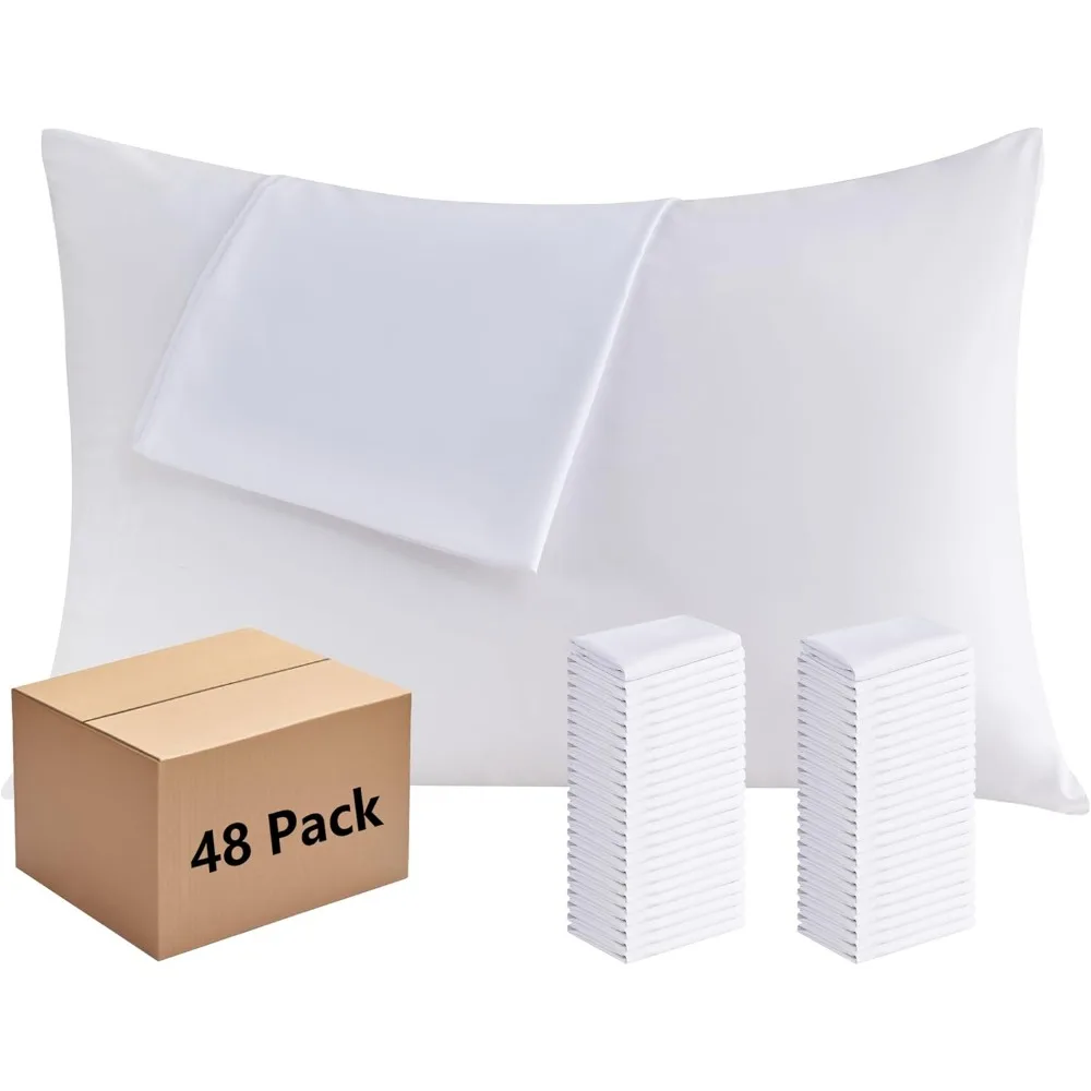 

48-Pack Standard Size White Pillowcases - Bulk Soft Microfiber Pillowcase Set with Envelope Closure for Hospital Use