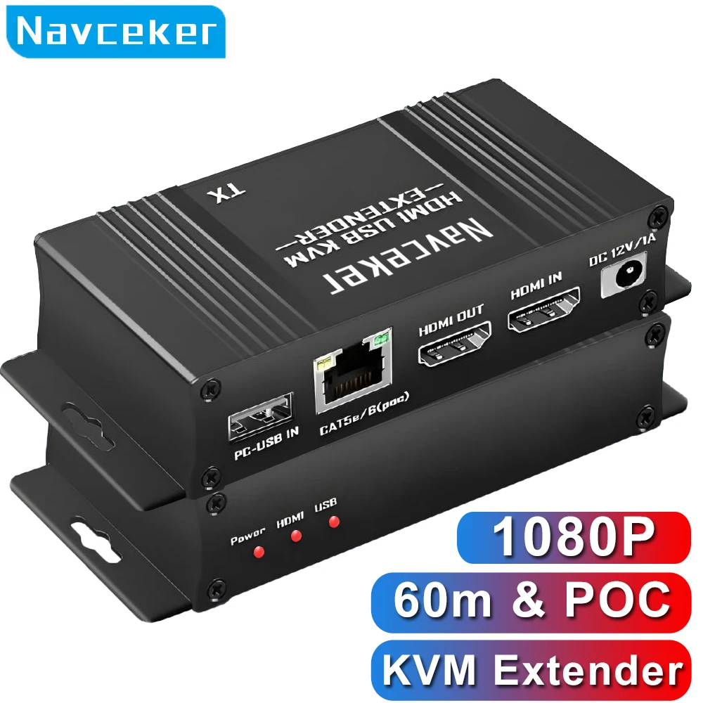Navceker HDMI KVM Extender 60m over Ethernet Cat5e/6 1080P 4K Extensor USB POC Cable HDMI Loop Extender for Mouse Keyboard PC