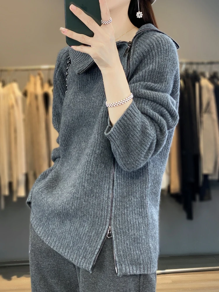 Women Turtleneck Zipper Cardigan Autumn Winter 100% Merino Wool Sweater Casual Thick Warm Cashmere Knitwear Korean Fashion Tops