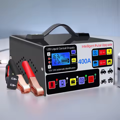 400A Battery High Power Fast Charger 12V/24V Full Automatic Car Battery Charger LCD Display Self-Stop Battery Charger Five-Stage
