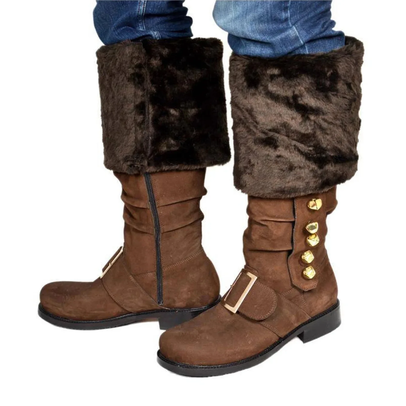 Herren Weihnachts-Weihnachtsmann-Stiefel mit Weitem Schaft, Kampfstiefel mit Weißem Plüschfellbesatz und Goldener Schnalle für Halloween-Cosplay-Kostüm – Detail 15