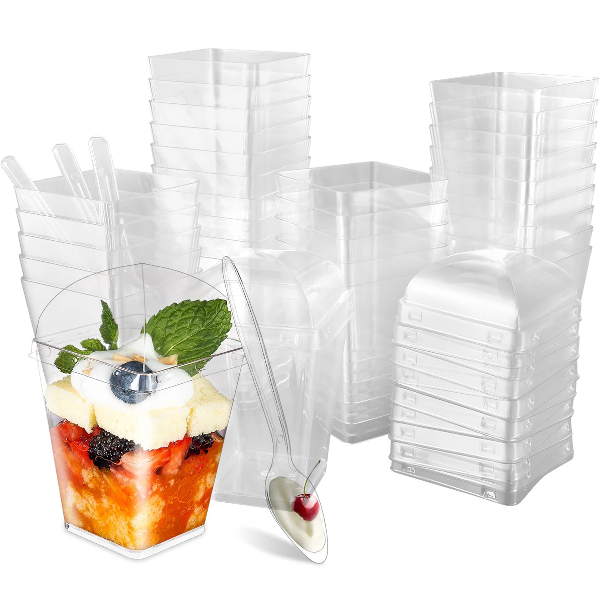 30Pcs Dessert Cups with Spoons 5oz/150ml Clear Square Appetizer Cups Mini Reusable Plastic Dessert Pots Set Stackable Dessert