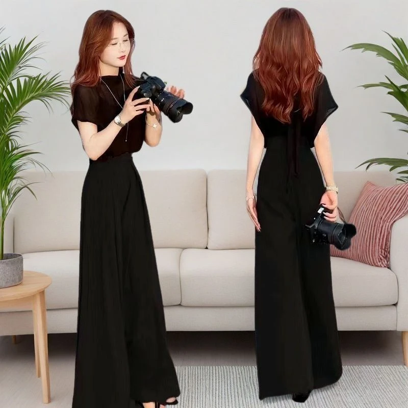 Elegant Summer Fashion Women's Short Sleeve Chiffon Top High Waist Wide Leg Pants Two Piece Set Age Reducing Casual Sportswear