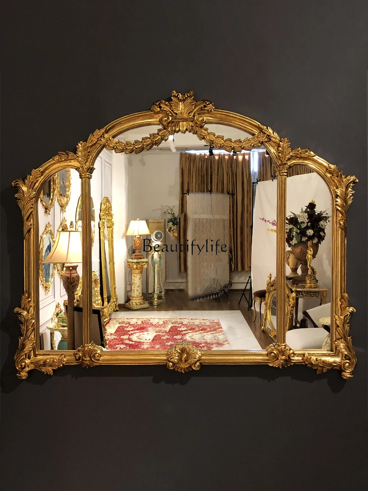 

French Style Retro Wall-Mounted Bathroom Carved Fireplace Hallway Mirror Decorative Mirror